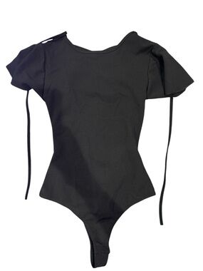 Black Short-Sleeve Bodysuit with Tie Details